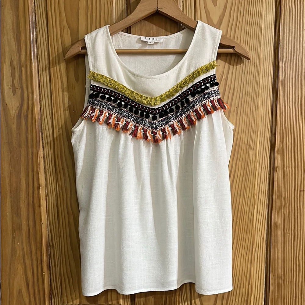 THML Off-White  Boho Sleeveless Top with Multicolor Accents ~ Large - Picture 2 of 9